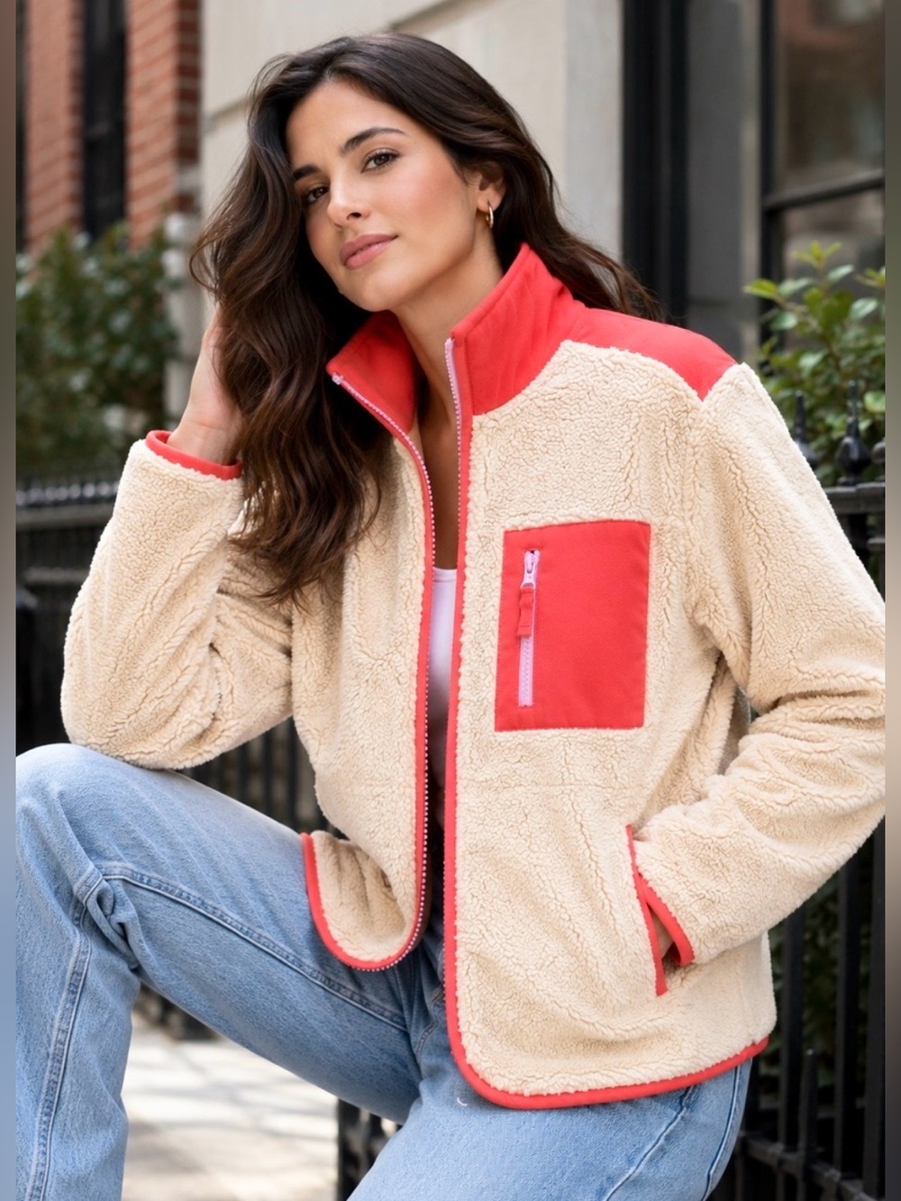 J.Crew Sherpa Fleece Jacket Medium Cream Neon Coral Zip Up Cozy Teddy